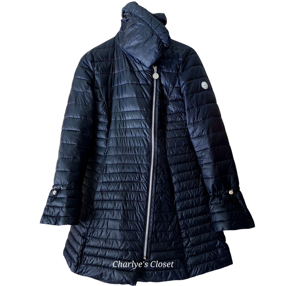 Laundry by Shelli Segal Black Funnel Collar Asymmetric Moto Puffer Coat Sz. M